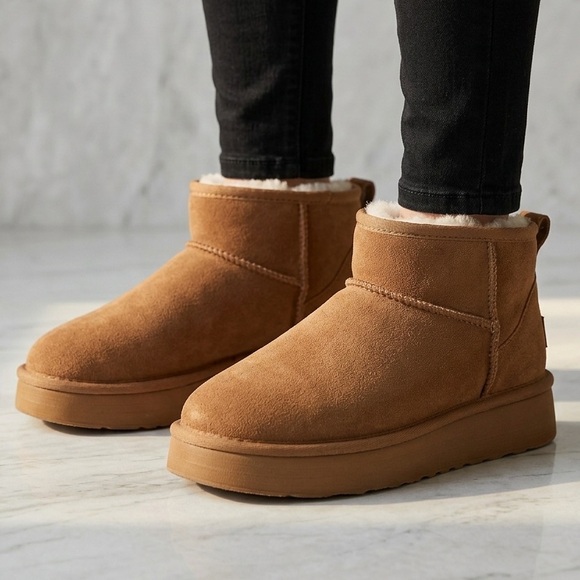 Shoes - Waterproof Platform Mini Boots - Faux Fur Lined - Chestnut - Size 9 Slim